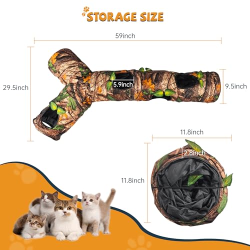 Cat Tunnels for Indoor Cats Large, 3 Way Cat Tunnel with 5 Holes and Leaves, Cat Tunnel Toy with Loud Paper - Pop Up Collapsible - Connect More Tunnels for Large Cat, Puppy, Kitten - color: 59"-Dark Brown