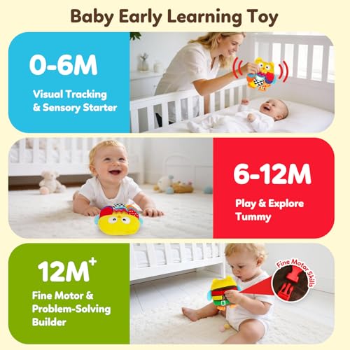 GKDOMS Vibrant Sensory Owl Plush Stuffed Animal Baby Toy Tummy Time Multi-Textured Squeaking & Crinkling Learning Toy for Busy Hands Babies 0-36Months, Baby Shower 1st Birthday Gifts - color: Colorful