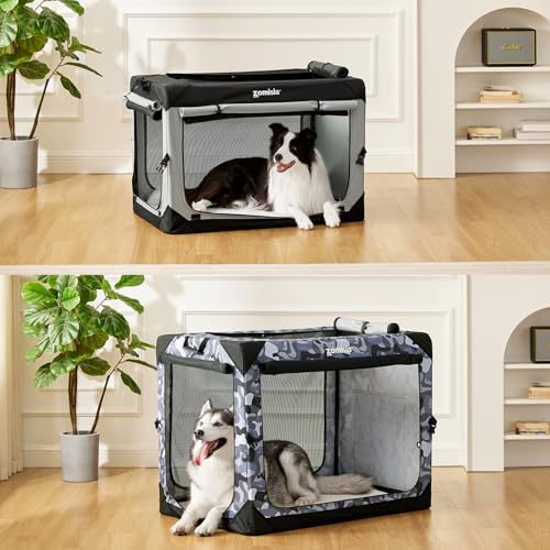 ZOMISIA Collapsible Dog Travel Crate for Medium Dogs, Portable Dog Crate | 30 Inch Dog Kennel Soft Sided, Easy Fold & Setup, Indoor & Outdoor, Breathable Mesh Windows, Built-in Leash, Plush Pad, Grey - size: 30.0"L x 21.0"W x 21.0"H