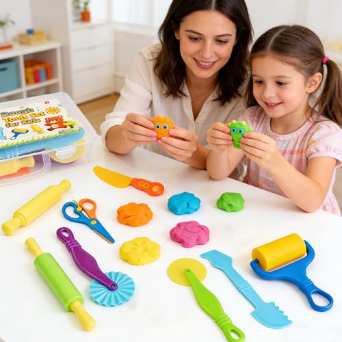 Kleeblatt Dough Tools Set for Kids - 29 Pcs Playdough Kit | 10 Castle Molds, 9 Basic Dough Tools, 9 Double-Headed Clay Carving Tools, 1 Cleaning Brush, Exquisite Box - color: KT-DoughTools-7