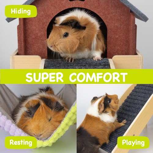 BESNEW 3 in 1 Enlarged Guinea Pig Hammock,Wooden Guinea Pig Hideout with House & Platform & Stairs Small Animal Toys for Hiding Sleeping Activities - color: Gray Roof