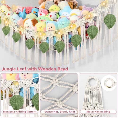 82.7x59x59 Inch Jumbo Stuffed Animal Storage Hammock Corner Toy Net, Cream | Boho Macrame Green Leaf Stuffed Animal Net Organizer for Stuffy Plushie, Toy Hammock Holder w/Star Lights ,Nursery Room Decor - color: Cream, size: XXX-Large Leaf Style