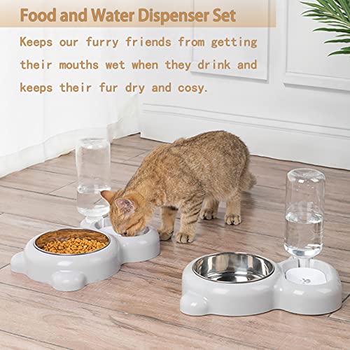 Tfwadmx Pet Double Dishes Rabbit Food Water Dispenser Set Cat Self Filling Bowls No Spill Dog Automatic Waterer Bottle Anti Gravity Feeder Cute Detachable Stainless Steel Bowl for Kitten Puppy Bunny - color: Grey
