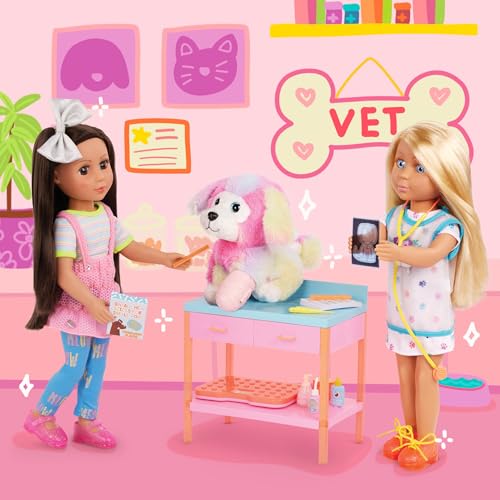 Glitter Girls Vet Playset, Sniffles Plush Dog, 27-Piece Vet Table, Pet | Toy vet set with posable pink pup, exam table with drawers, medical accessories, fits most 14-inch dolls, Plush, 3+ Years - style: Vet Accessories
