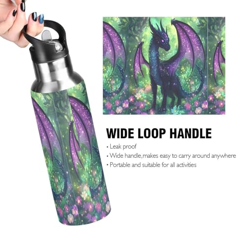 Purple Dragon Water Bottle Kids Insulated Sports Vacuum Stainless Steel Mug with Straw Lid & Handle 20 oz - color: A001