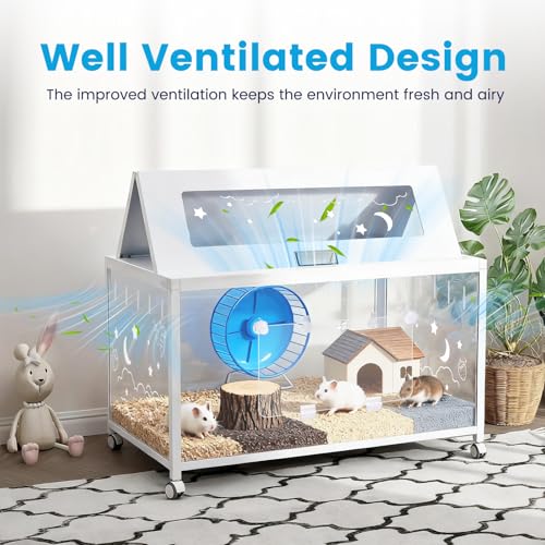 Large Hamster Cage, Hamster Habitat 360° Viewing Guinea Pig Cages Hamster Tank with 2 Door and Wheels Small Animal Habitat for Syrian Dwarf Gerbils Rats Guinea Pigs