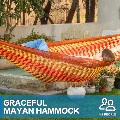 Handwoven Rope Mayan Hammock for Outside, 600 lbs Capacity | 2 Person, Portable Carrying Bag, Easy-Used Tree Straps, Carabiners, Soft Fabric, Patio (Sunset, X-Large) - color: Sunset, size: X-Large