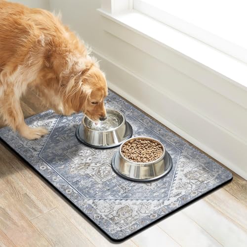 Dog Food Mats for Floors Absorbent, Pet Cat Food Mat - Non Slip Dog Bowl Mats for Food and Water, Eco-Friendly Boho Dog Placemats Feeding Mat Pet Supplies - color: Blue, size: S(12"×20")