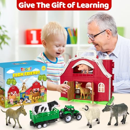 Farm Animals Toys for 1 2 3 4 5 Year Old Toddlers Girls Boys, Big Red Barn Farm Playset with Figures Animals and Tractor Toy for Kids 1-3, Educational Learning Toys, Christmas Birthday Easter Gifts