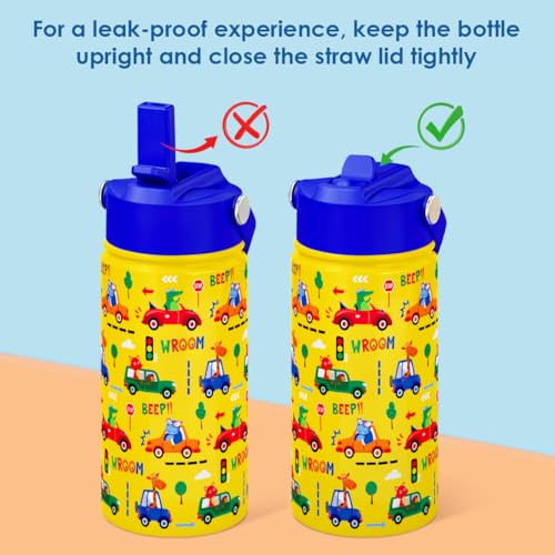 SANDJEST Kid Water Bottle 12oz with Straw Lid - 2-Pack Insulated Stainless Steel Water Bottles for Kids Boys Girls - Travel Cup for School Sports, Construction & Transportation - color: Construction + Transportation (2 Pack)