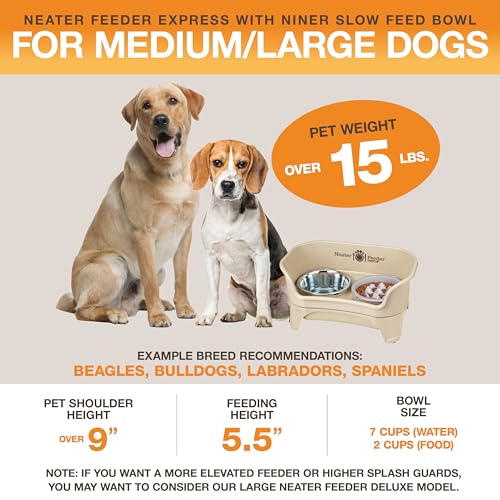 Neater Feeder Express Mess Proof Dog Bowls Elevated for Medium and Large Breed – Made in USA – No Spill Raised Slow Feeder Elevated Dog Bowl Stand, Slow Feed Food and Water Bowl Set, Almond - color: Almond, size: Medium to Large w/ 9 Peak Slow Feed Bowl