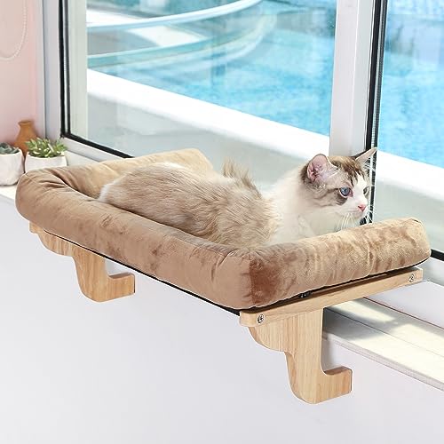 Zakkart Cat Perch for Window Sill with Bolster - Orthopedic Hammock Design with Premium Hardwood & Robust Metal Frame - Cat Window Seat for Large Cats and Kittens - Natural Color Wood Brown Bed, 24''W - color: Natural Color Wood with Brown Bed, size: 24''