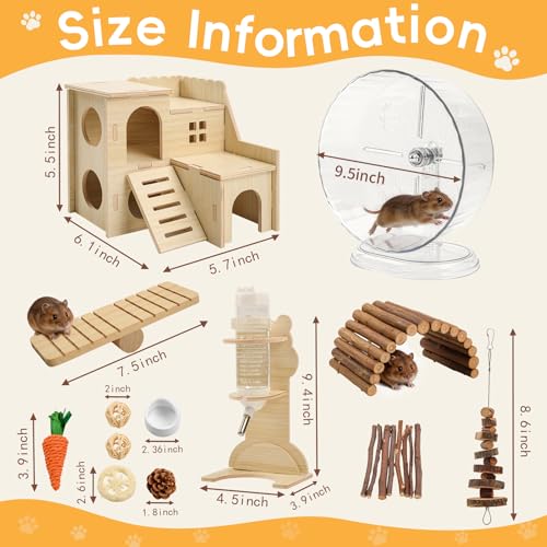 20 Pcs Hamster Cage Accessories Set, Includes 9.5" Silent Hamster Wheel, Maze Wooden House, Water Bottle Stand, Food Bowl & 16 Natural Chew Toys – Habitat Accessories for Hamster, Gerbil & Mouse