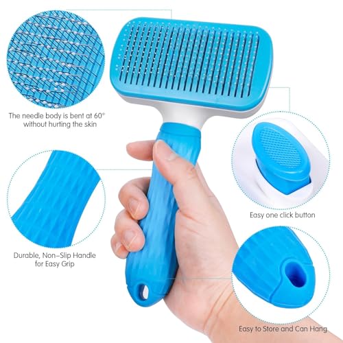 Generic Pet Grooming Brush, Blue - Self Cleaning Hair Brush for Dogs and Cats, Removes Loose Undercoat, Bristles with Massage Particles, Ergonomic Handle, For Long or Short Hair Breeds - color: Blue