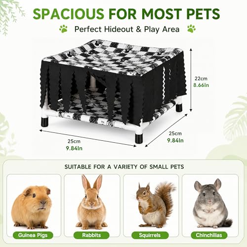 Guinea Pig Hideout with Fringe Curtain, Guinea Pig Bed | Small Animal Tent Hideaway, Stable Shelter Hut for Guinea Pig, Rabbit, Ferret, Chinchilla, Rat and Squirrel - color: Black