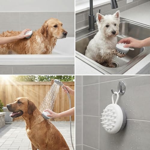 Dog Bath Brush, Gray Silicone Scrubber with Soft Spikes and Loop Handle for Shampooing, Compact Round Grooming Tool for Tub Sink or Shower Use