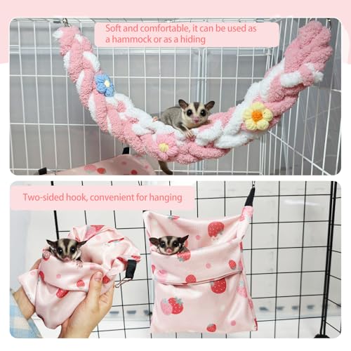 Hamiledyi Rat Hammock Sugar Glider Climbing Ropes Toys Rat Hanging Tunnel Hammock Swing Squirrel Hideout Bed Cage Accessories for Ferret Mouse Hamster Small Animals (Pink) - color: Pink-straw