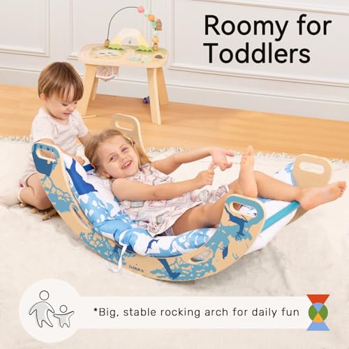 Pikler Triangle Set, Montessori 8-in-1 Climbing Set with Cushion | Wood Jungle Gym for 18M-5Y, Foldable, Reversible Animal Slide, Patent-Protected, 2.35in Gap, ASTM F963, Blue - color: Blue