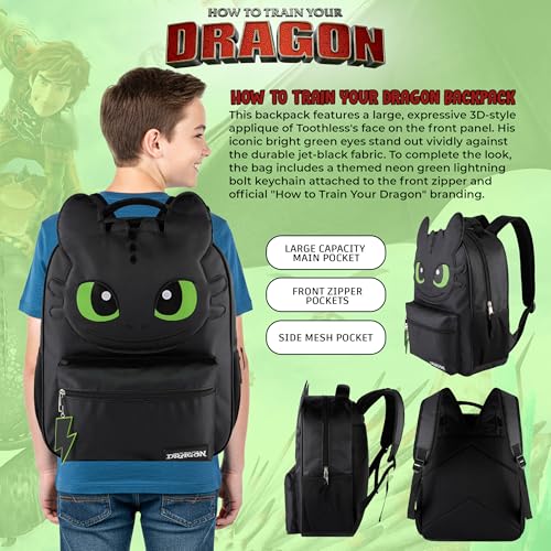 AI ACCESSORY INNOVATIONS How to Train Your Dragon Toothless Backpack, Black 16 Inch School Bag with 3D Face Applique, Green Eyes, Lightning Bolt Keychain, for Boys and Girls - style: Toothless