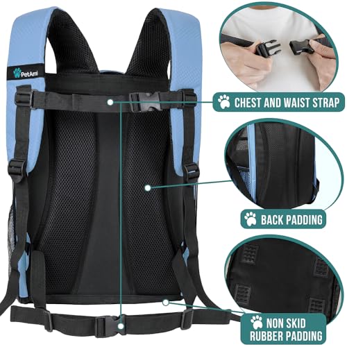 PetAmi Dog Backpack Carrier Airline Approved Cat Pet Puppy Bag, Light Blue | Ideal for Small Medium Large Pet up to 18 lb, 2 Side Entry Structured No-Collapse Frame, Ventilated Bookbag for Hiking Travel - color: Light Blue