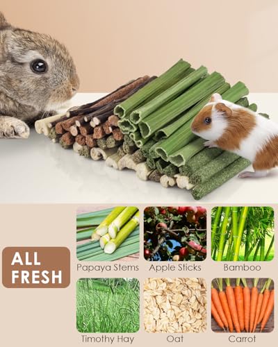 Bissap 54 PCS Rabbit Chew Sticks, Mix Natural Sweet Bamboo Timothy Hay Oat Carrot Chew Stick Apple Branch Bunny Chews for Rabbit Hamster Chinchilla Guinea Pig Small Pet Molar Treats - size: 0.3 Ounce (Pack of 54)
