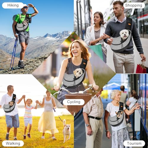Pet Sling Carrier for Small Dogs Cats,Drawstring & Zipper Security Hook Triple Designs for Pets' Securty Dog Bag,Breathable Travel Pet Puppy Sling Carrier with Adjustable Strap(L (10-14 lbs)) - color: Black Grey, size: L (10-14 lbs)