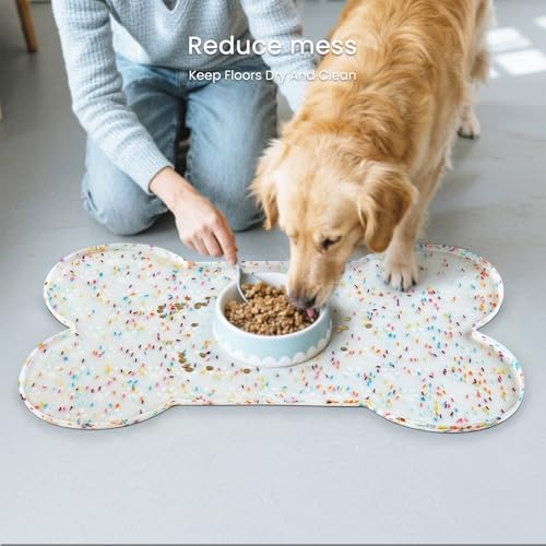 PWTAA Dog Food Mat Anti-Slip Silicone Dog Bowl Mat Thicker Pet Placemat Waterproof Cat Feeder Pad with Raised Edge Puppy Kitten Feeding Mats Suitable Small Medium-Sized Dogs Cats Eating Tray - color: Donut White, size: 19.4" x 9.8"