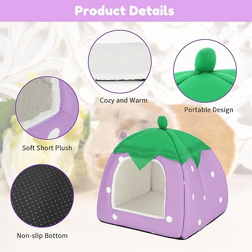 BWOGUE Guinea Pig Bed Hideout, Washable Hamster Cave for Small Animals | Removable Cushion for Cleaning, Warm Fleece Nest, Washable Bed, 10 x 9.8 x 9 in, Dwarf Rabbits Hedgehogs - color: Strawberry Purple