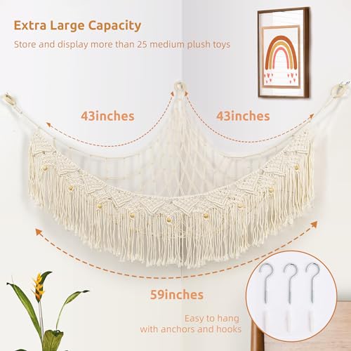 Large Stuffed Animal Net or Hammock, Stuffed Animal Storage Macrame Toy Hammock Hanging Net for Stuffed Animals Corner, Plushie Net Hammock Toy Organizer for Boho Kids Room Nursery Playroom - color: Cream White