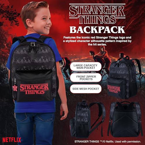 AI ACCESSORY INNOVATIONS Stranger Things Backpack with Character Graphic Pattern, Black, 16x12x5 Inches, Polyester, 3 Pockets, Water Repellent, Adjustable Straps, Padded Back - color: Stranger Things