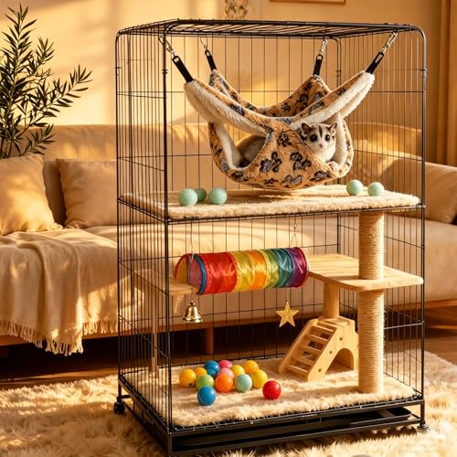 Guinea Pig Ferret Hammock for Cage - Machine Washable Double-Decker Hanging Bed - Fits Sugar Glider,Fancy Rat,Hamster,Gerbil - 13.3" x 13.3" Coffee-Footprints - size: 13.3''X13.3''