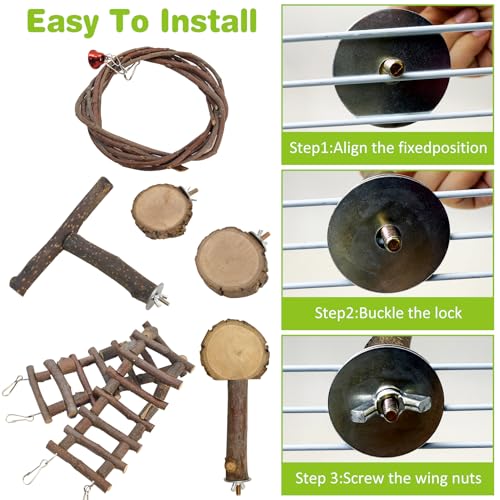 BNOSDM 6PCS Chinchilla Cage Accessories, Natural Wood Sugar Glider Climbing Bridge & Perch Platforms, Rat Enrichment Toys Set for Small Animals Squirrel, Gerbil, Hamster - color: 6PCS-Wooden Ladder & Swing T-Perch Set