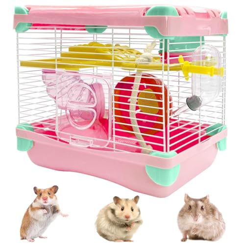 Hamiledyi Portable Hamster Cage 2 Layers Dwarf Hamster Habitat Small Animal Travel Cage with Exercise Wheel Hamster Enclosure Mouse Cage for Hamsters Mice Gerbils or Other Tiny Pets - color: Pink