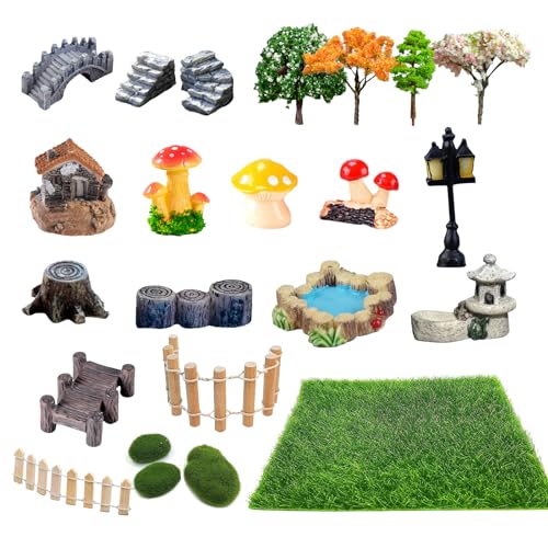 23 Pcs Fairy Garden Miniatures Jumping Spider Enclosure Accessories, Mini Bridge Fence Pond Street Lamps Mushroom Lawn Figurines Garden Decorations for Jumping Spider Habitat
