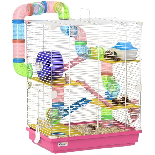 PawHut 18" 5 Tier Hamster Cage w/Tubes and Tunnels for Gerbil Pink | Small Animal Cage, Portable Carry Handle, Water Bottle, Food Dish, Exercise Wheel - color: Pink