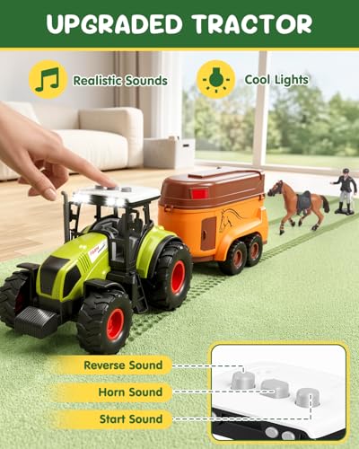 Gleamkid Farm Animals Toys for Kids: 5 in 1 Animal Farm Barn Toy, Tractor Trailer Set with Light & Sound, Washing Horse Stable, Animal Figurines, Training Horse Playset for Toddlers Boys Girl Ages 3+