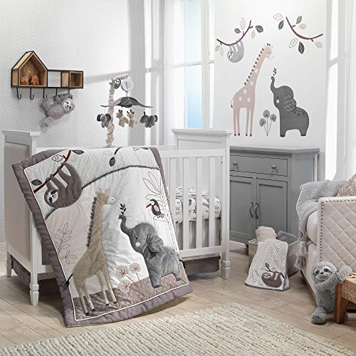 Lambs & Ivy Baby Jungle Animals White/Gray/Taupe Cotton Fitted Crib Sheet - color: Baby Jungle