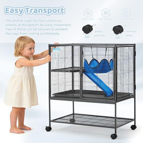 Fragess Large 36.5" Rolling Metal Cage, 2-Tier Small Animal Cage for Ferrets, Chinchillas, Rats, with 0.5'' Bar Spacing, Removable Ramp & Platform (Medium)