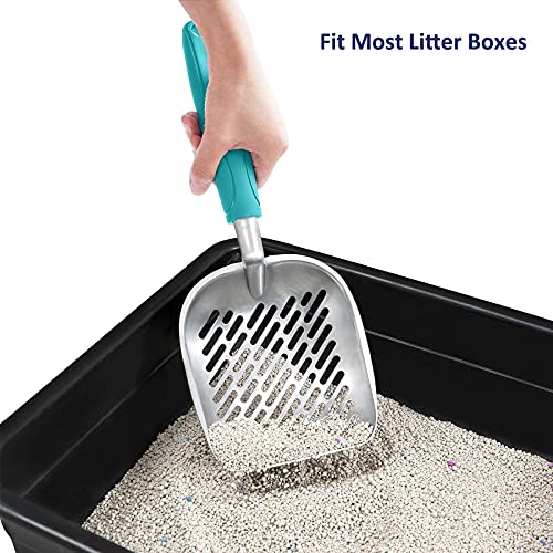 Cat Litter Scoop, Aluminum Alloy Sifter, Kitty Metal Scooper, Deep Shovel with Diagonal Sifting Hole, Long Handle, Kitten Poop Lifter for Litter Box, Medium Size, Turkish Blue Handle - color: #02 Turkish Blue, size: Medium