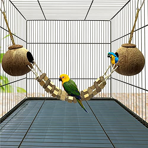 Hamiledyi Coconut Bird Nest Hut with Ladder Hanging Birds Hide House Toy for Cage Natural Coco Shell Hideaway for Parakeet Lovebirds Finch Syrian Hamster Gecko Squirrel Climbing - size: 1PCS 31.9*19.3in