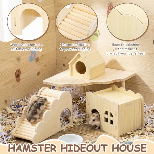 BreezeHug 4 Pcs Hamster Cage Accessories Hamster Platform Hideout Wooden Tunnel Ladder Playhouse Game Climbing Toy with Platform for Pets Dwarf Syrian Mice Degus Gerbils Squirrel(Wave House) - style: Wave House