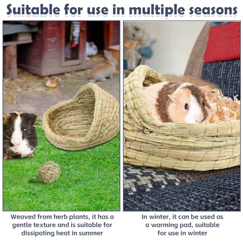 kathson Guinea Pig Grass House Guinea Pig Hideout Bunny Woven Hay Bed Hand Woven Natural Grass House for Hamster Bunny and Small Animals with Hay Chew Balls Toys(Small) - size: 7.87×6.29×5.11in,Small