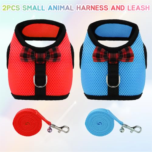 Rypet 2pcs Animal Harness and Leash, Ferret Harness No Pull Mesh Red Blue,S | Soft Mesh Comfort, Bell for Outdoor Walks, Velcro Easy-On Fit, 4.4 ft Leash, for Baby Ferrets, Rats and Guinea Pigs - color: Red+Blue, size: Small (Pack of 2)