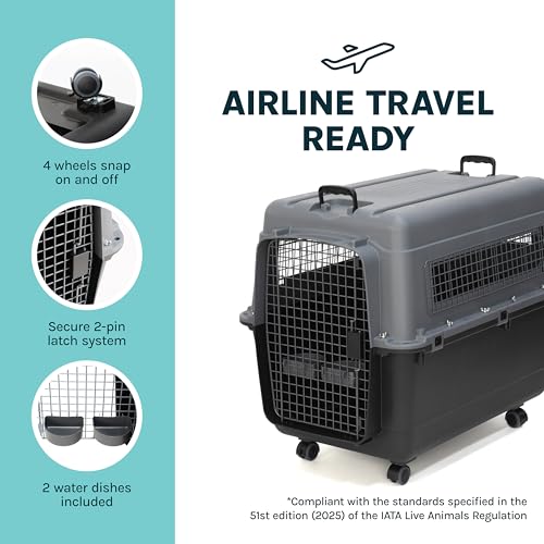 SportPet Airline Compliant X-LARGE 35.5" Travel Dog Kennel-Durable Plastic Airline Pet Carrier w/Removable Wheels & Food Bowls, Collapsible Indoor/Outdoor Dog Kennel, Dogs up to 32"L & 23"H-Dark Gray - color: Dark Gray