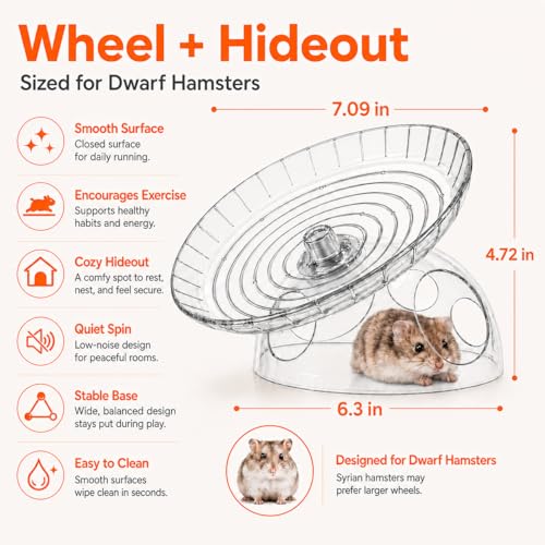 Silent Hamster Wheel with Hamster Hideout, Quiet Flying Saucer Exercise Wheel for Dwarf Hamsters, Stable Running Wheel, Small Animal Cage Accessory, Easy to Clean (Lucency) | 2-in-1 flying saucer wheel with hideout, quiet spin, wide track, clear body, sta