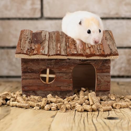 Hypeety Natural Wooden Hamster House Cage Small Animals House with Chimney | Natural solid wood, chew-proof and ventilated play house, for hamsters/gerbils/mice, no assembly required, 7.8x5.1x5.1'', M - size: M