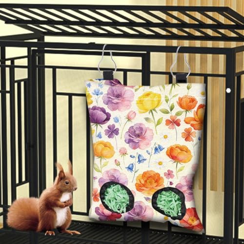 2Pcs 2 Styles Guinea Pig Hay Feeder Rabbits 11.6 x 9.1 Inch, Hanging Hay Feeder Bag Cloth Washable Flowers Feeding Storage Holder with 2 Holes for Bunny Chinchillas Hamsters Small Animals - color: Flower-1
