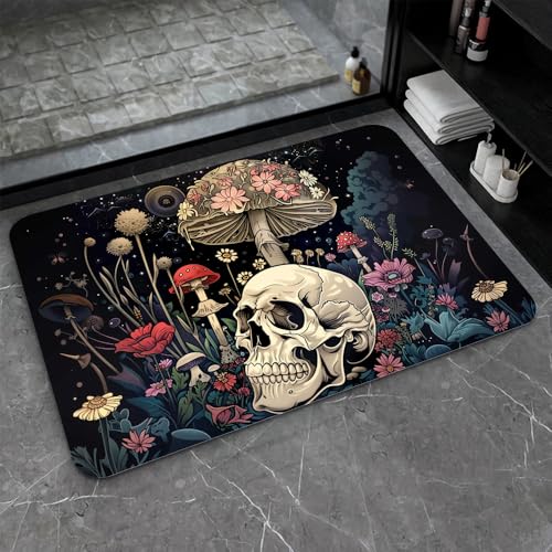 Bath Mat-Bathroom Rug，A Skull and Mushroom-Absorbent Non Slip Quick Dry Stain Resistant Easy to Clean Care Shower Rug for Bathtub Shower Room 20×31Inch (50 * 80cm) - color: A Skull and Mushroom-, size: 20 x 31 inches
