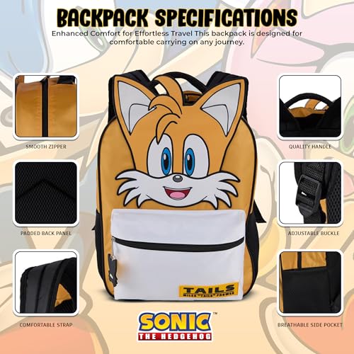 AI ACCESSORY INNOVATIONS Sonic The Hedgehog Backpack for Boys & Girls, Tails Big Face 16 Inch Schoolbag with Tails Rubber Molded Dangle, Yellow - style: Tails