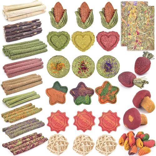 ERKOON 106PCS Bunny Chew Toys for Rabbits Teeth, Natural Rabbit Toys Apple Wood Sticks, Carrot, Timothy Grass Treats for Small Pets, Hamster, Chinchilla, Guinea Pig Dental Care and Treat Teething Toys - size: 106